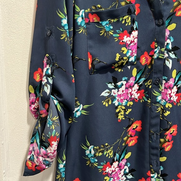 Express Women Portofino Top Floral Blue Office Button Down Polyester Light - Picture 3 of 6